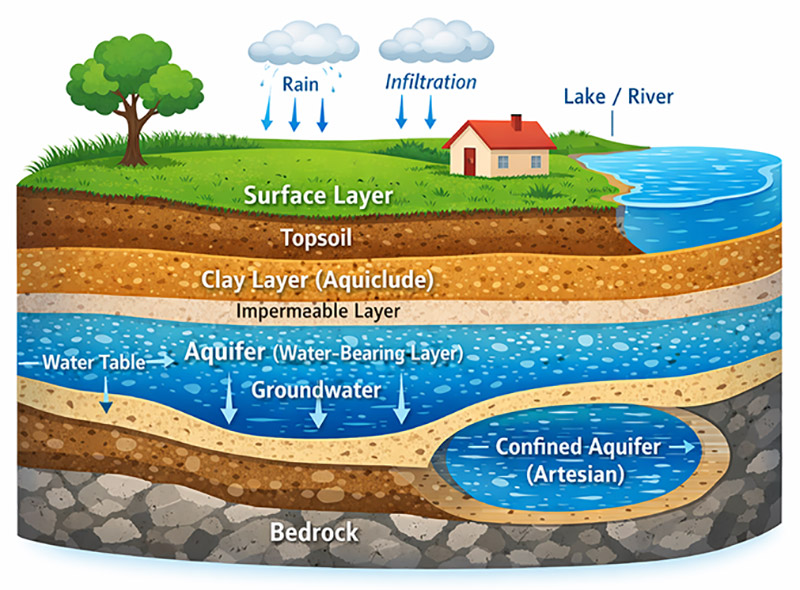 ilustrasi lapisan tanah dan akuifer yang mempengaruhi debit air sumur bor
