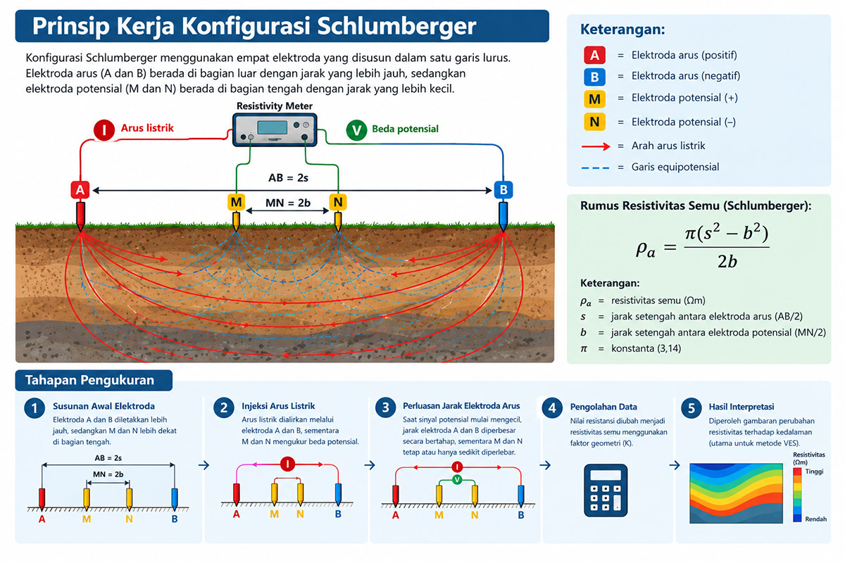 Cara kerja konfigurasi Schlumberger pada geolistrik